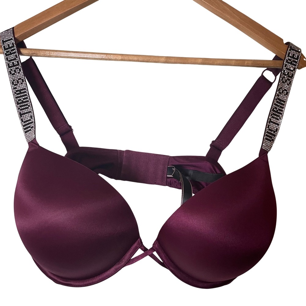 Victoria's Secret Bombshell Plunge Bra Size 3D Rhinestone Strap Purple Sexy